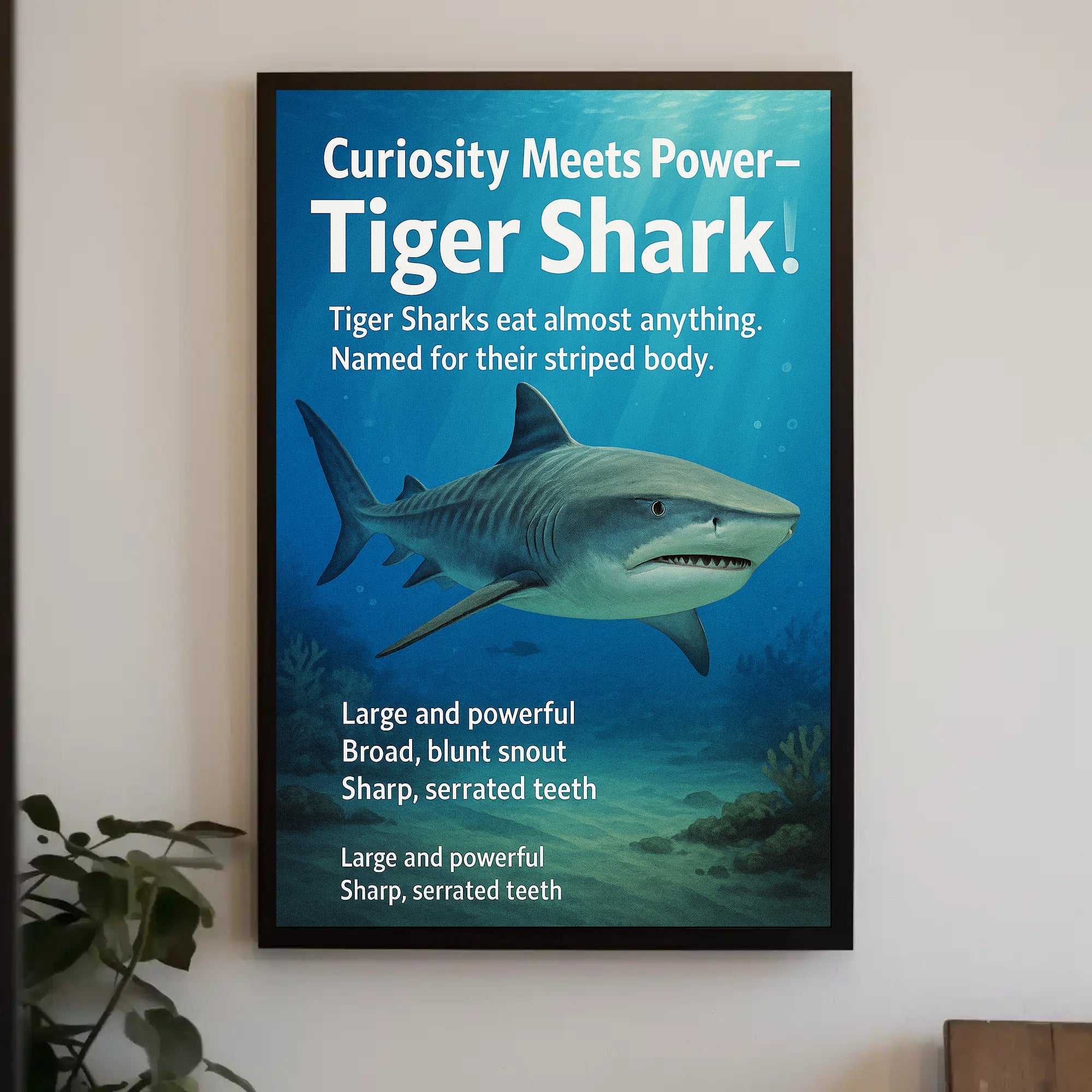 Curiosity Meets Power Tiger Shark Poster PosterGoat