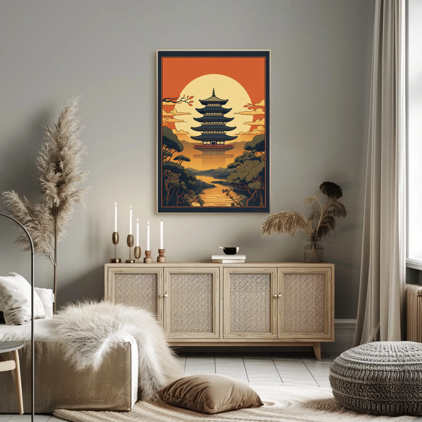 Japanese Temple Sunset Silhouette Travel Poster
