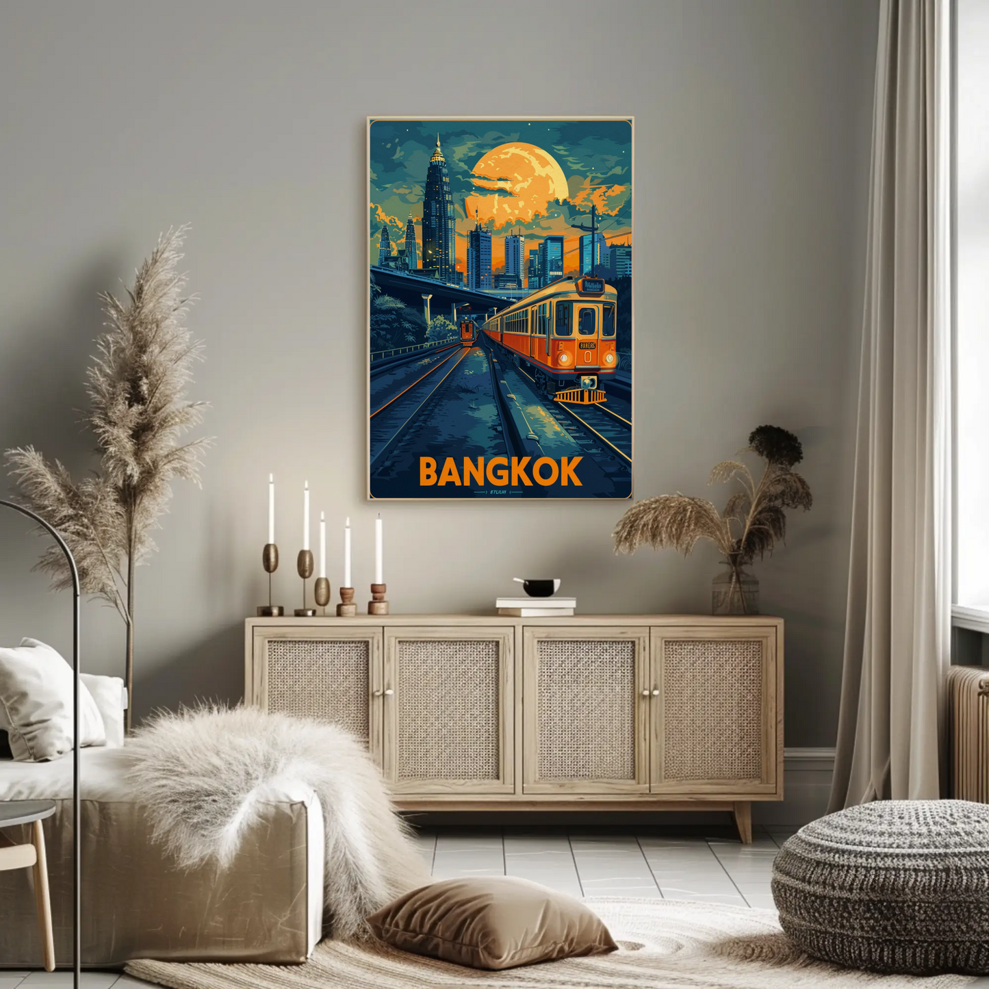 Bangkok Skyline Train Moonlight Glow Travel Poster