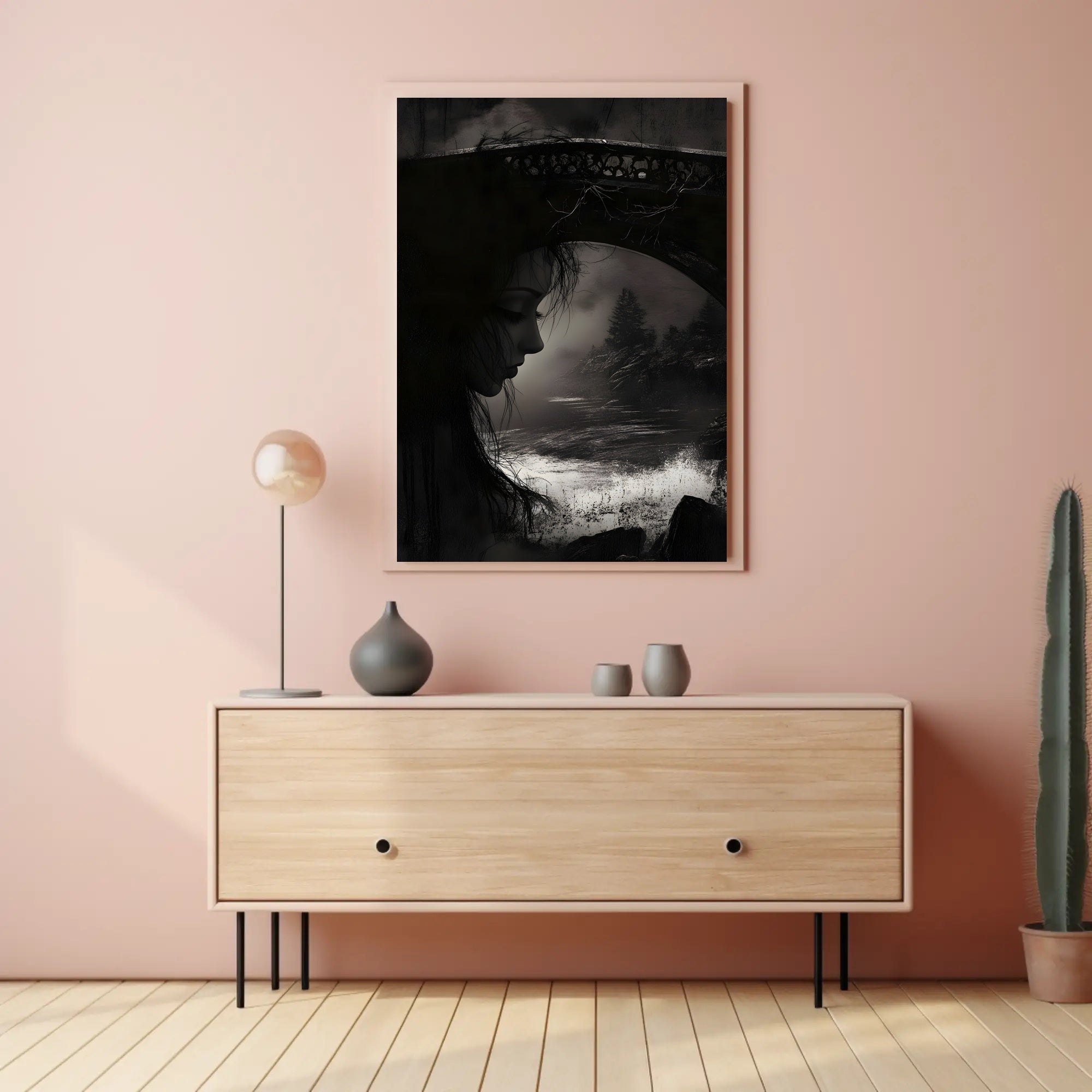 Gothic Dreamscape: Mysterious Woman with Stone Bridge Poster PosterGoat