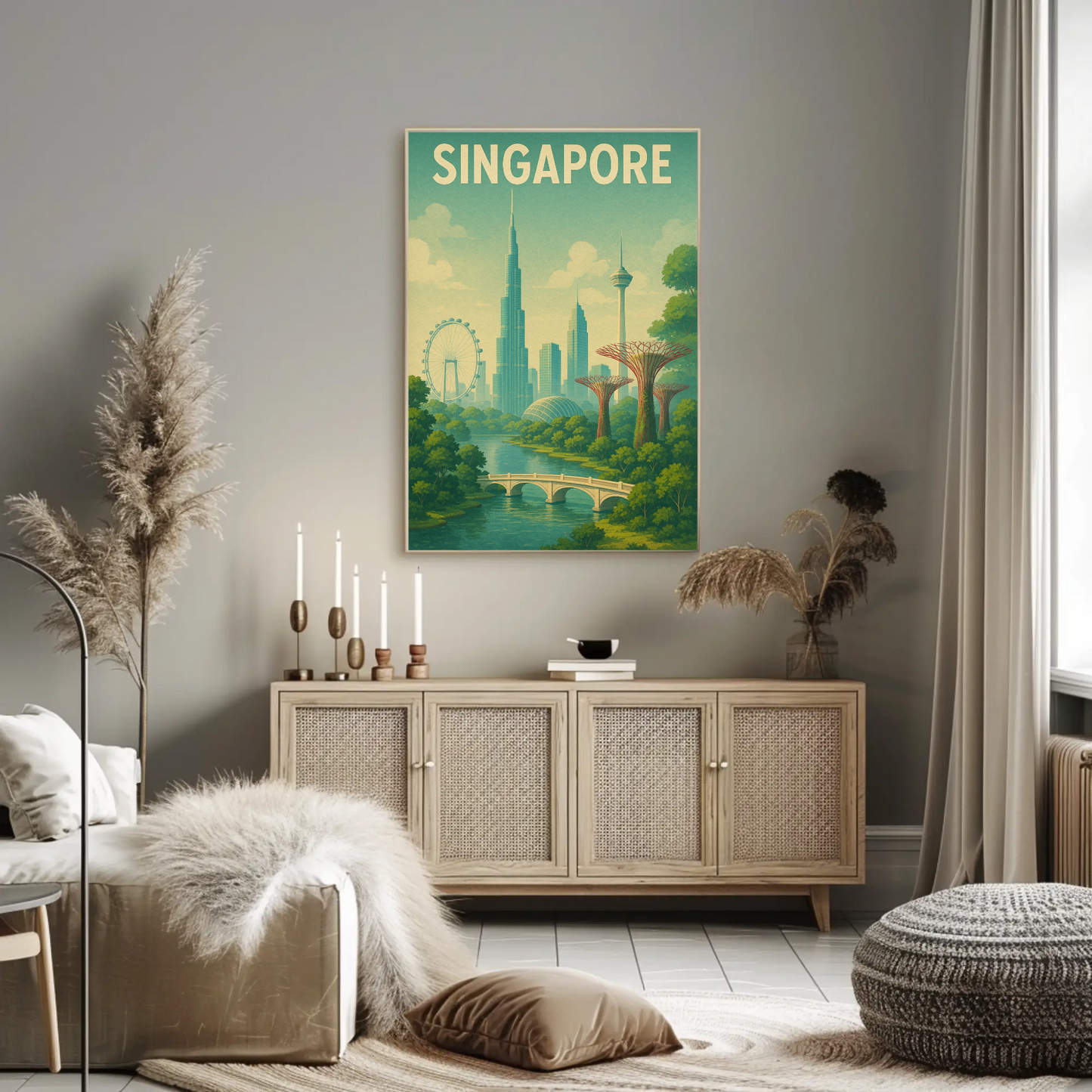 Singapore Skyline Botanical Travel Poster