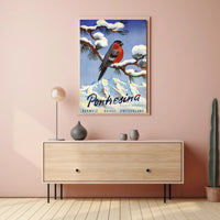 Vibrant Bullfinch Snowy Swiss Landscape Travel Poster PosterGoat