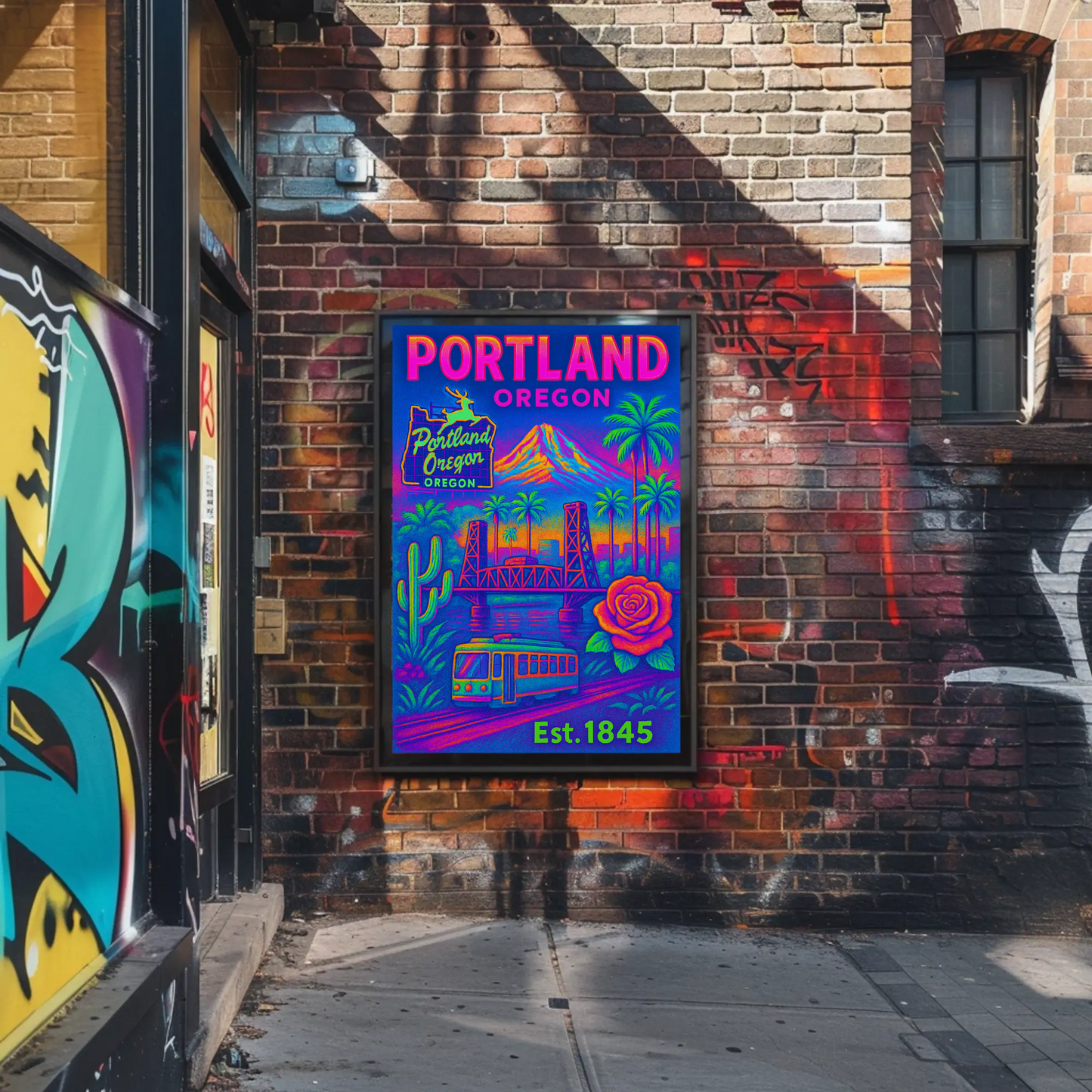Portland Oregon Rose Bridge Mountain Vintage Travel Poster