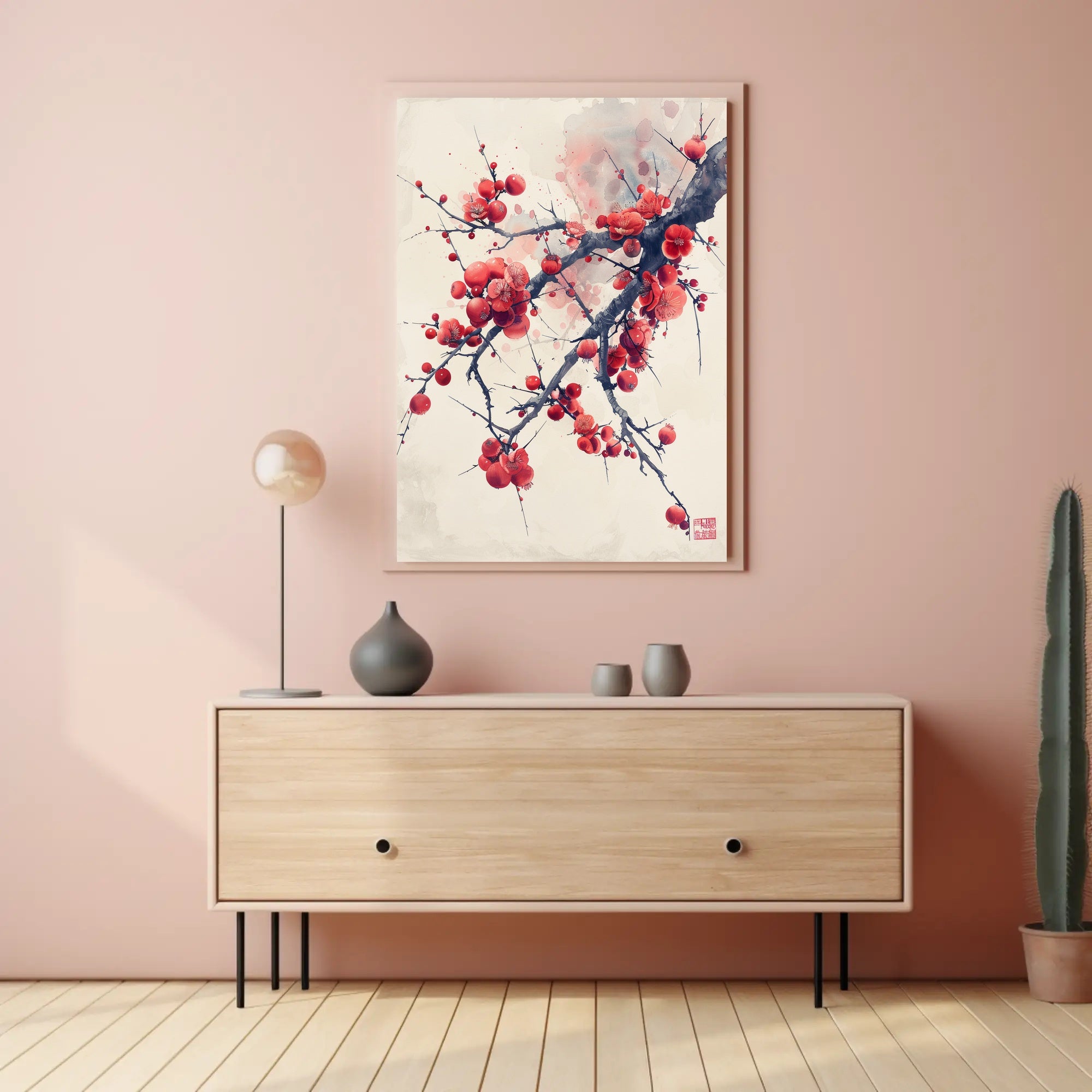 Elegant Red Plum Blossoms Artistic Poster PosterGoat