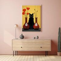 Black Cat And Red Vases Poster