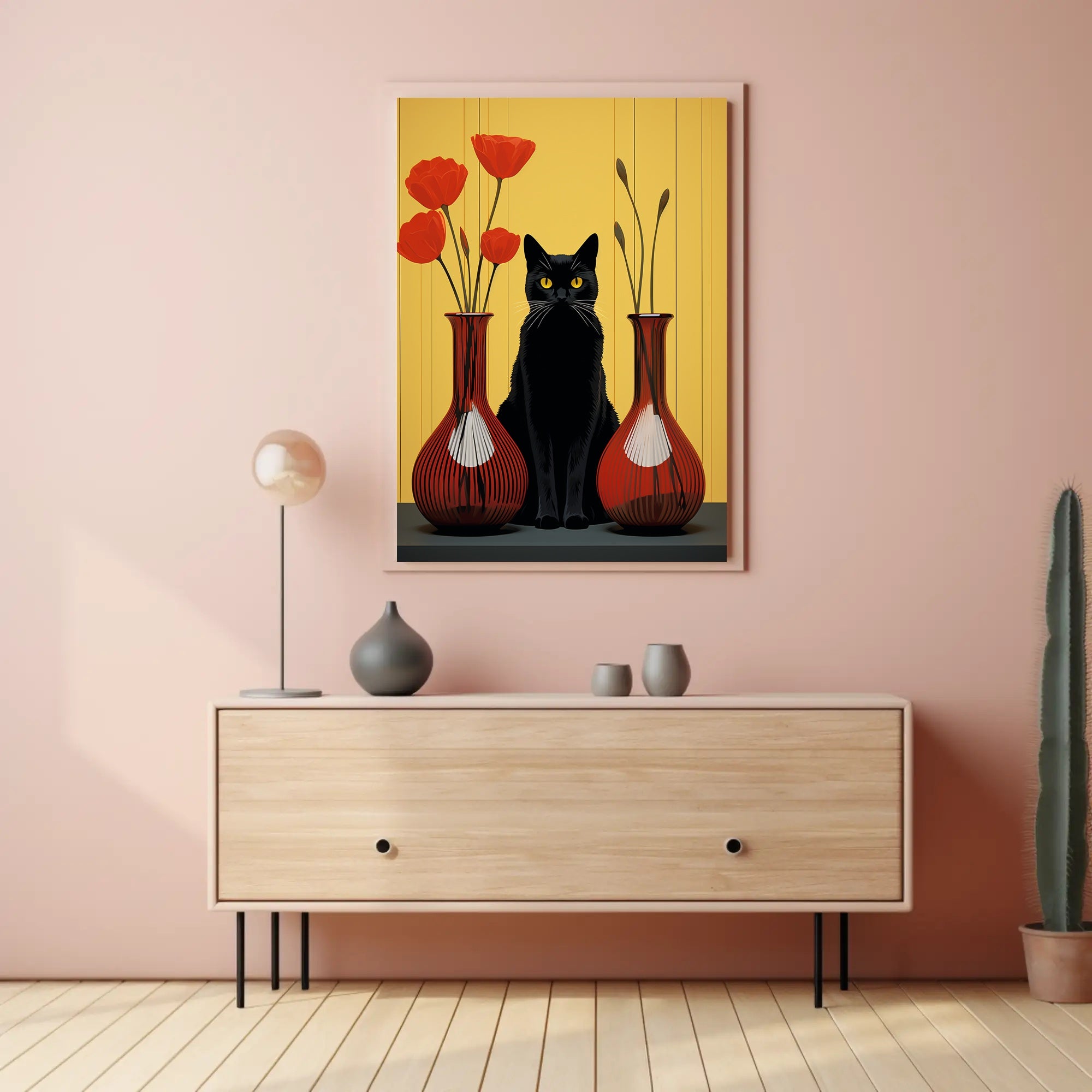 Black Cat And Red Vases Poster