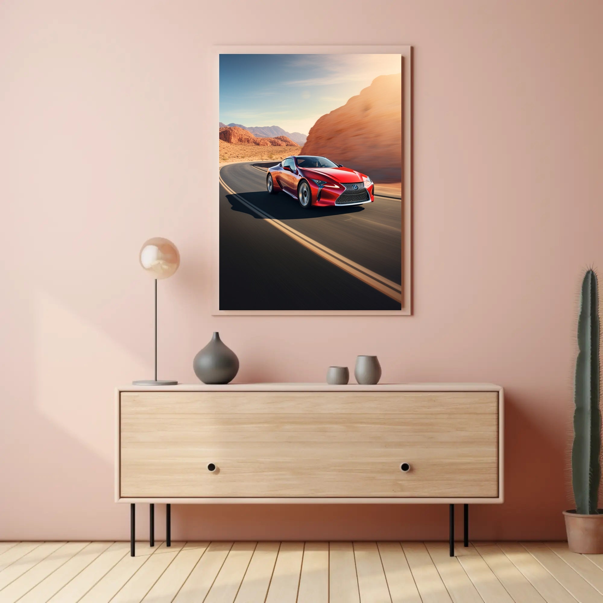 Sleek Red Sports Car on Desert Highway Poster PosterGoat