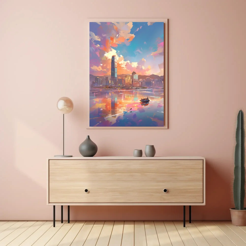 Modern Cityscape Sunset Poster: Hong Kong Skyline Art