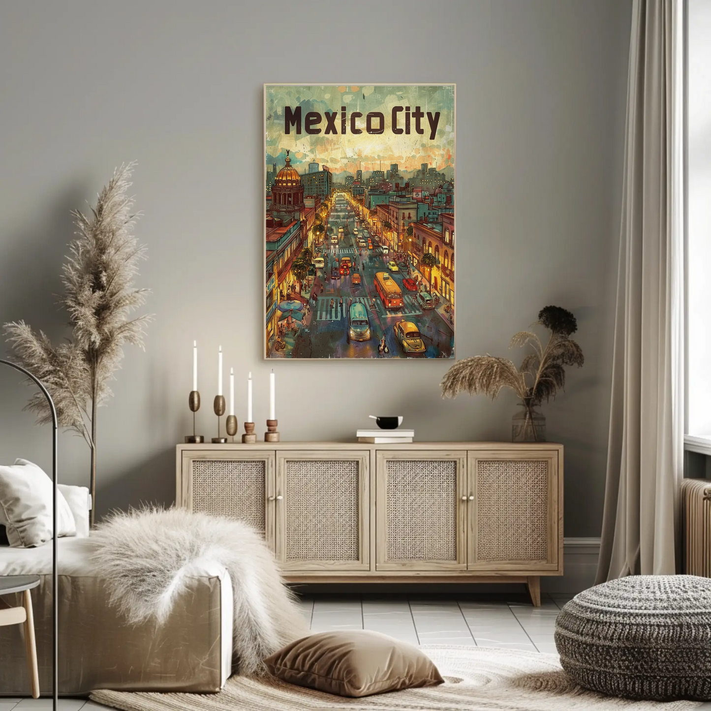 Mexico City Urban Nightlife Lanterns Travel Poster