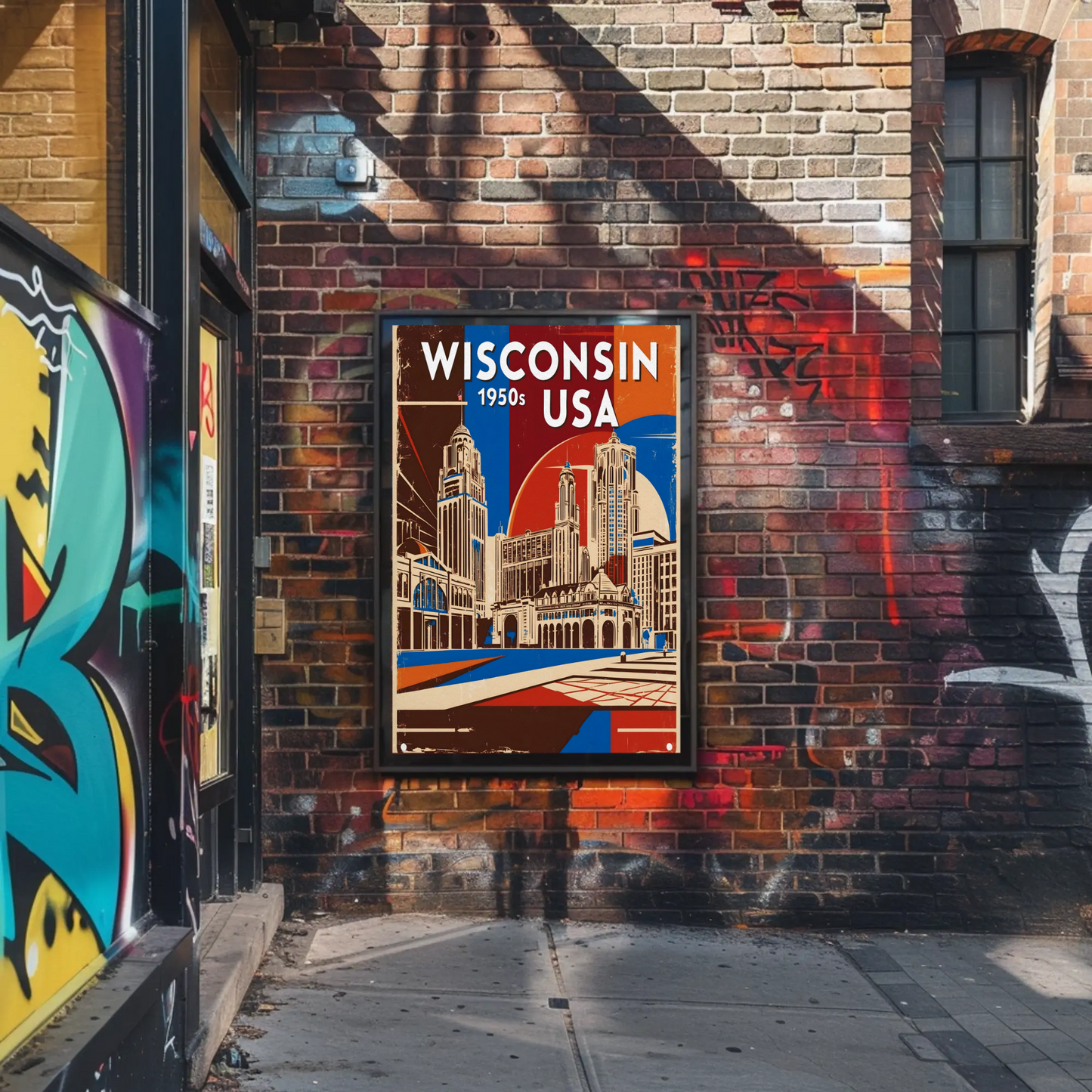 Wisconsin USA 1950s Urban Skyline Vintage Travel Poster