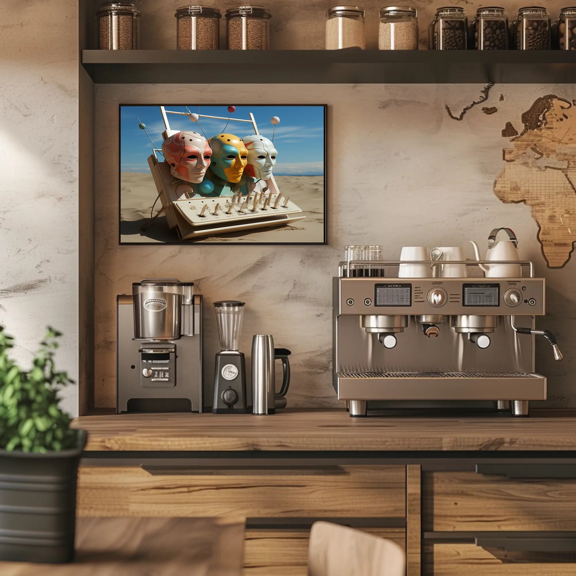 Futuristic Masks in Surreal Desert Sci-Fi Poster