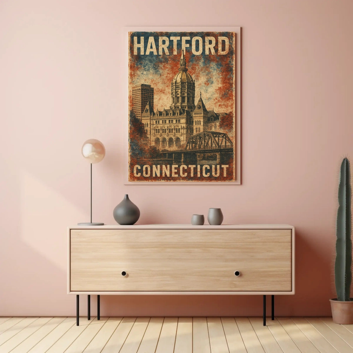 Hartford Connecticut Vintage Architectural Travel Art Deco Retro Eighties Historic Capitol Skyline Civic Pride Poster