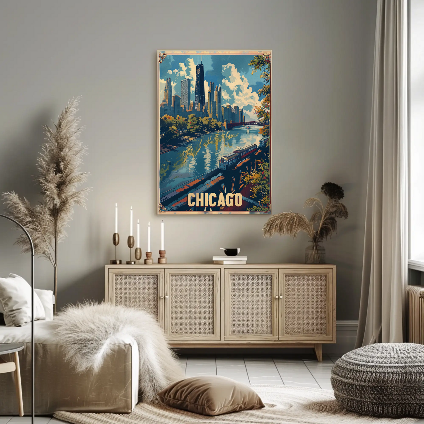 Chicago Train City Buildings Waterfront Skyline Travel Poster