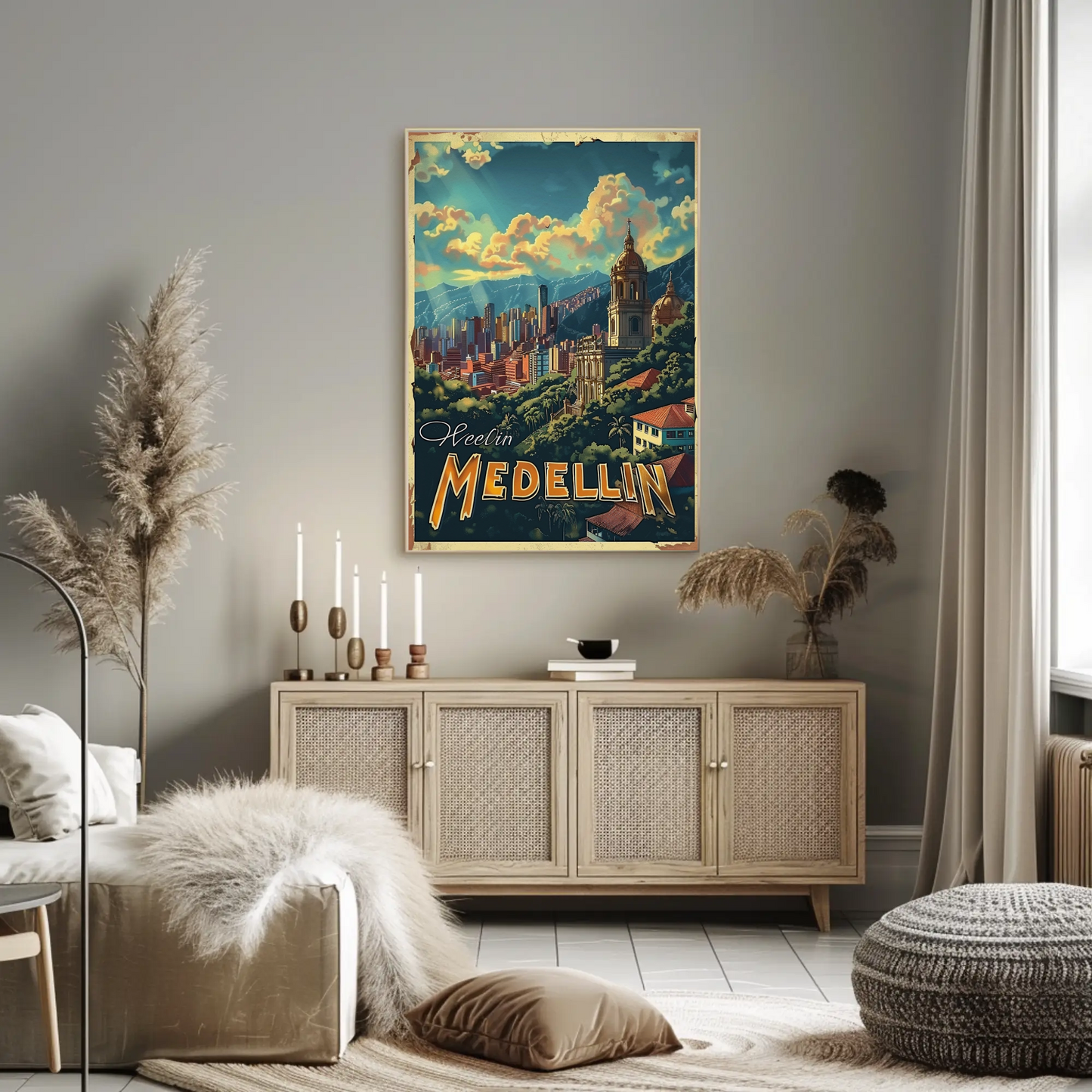 Medellin Cathedral City Skyline Colombian Landscape Travel Poster