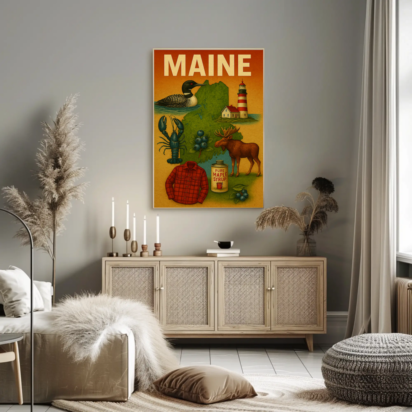 Maine State Symbols Moose Maple Lighthouse Poster