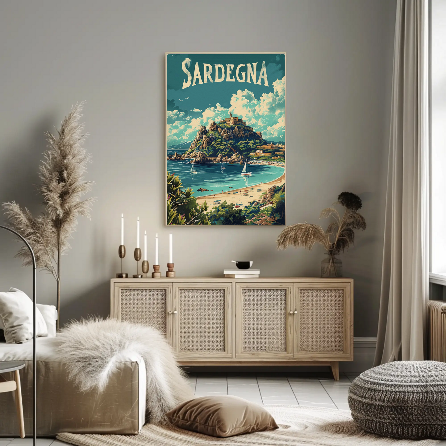 Sardegna Coastal Castle Beach Travel Poster