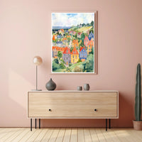 Colorful Hillside Village Poster PosterGoat