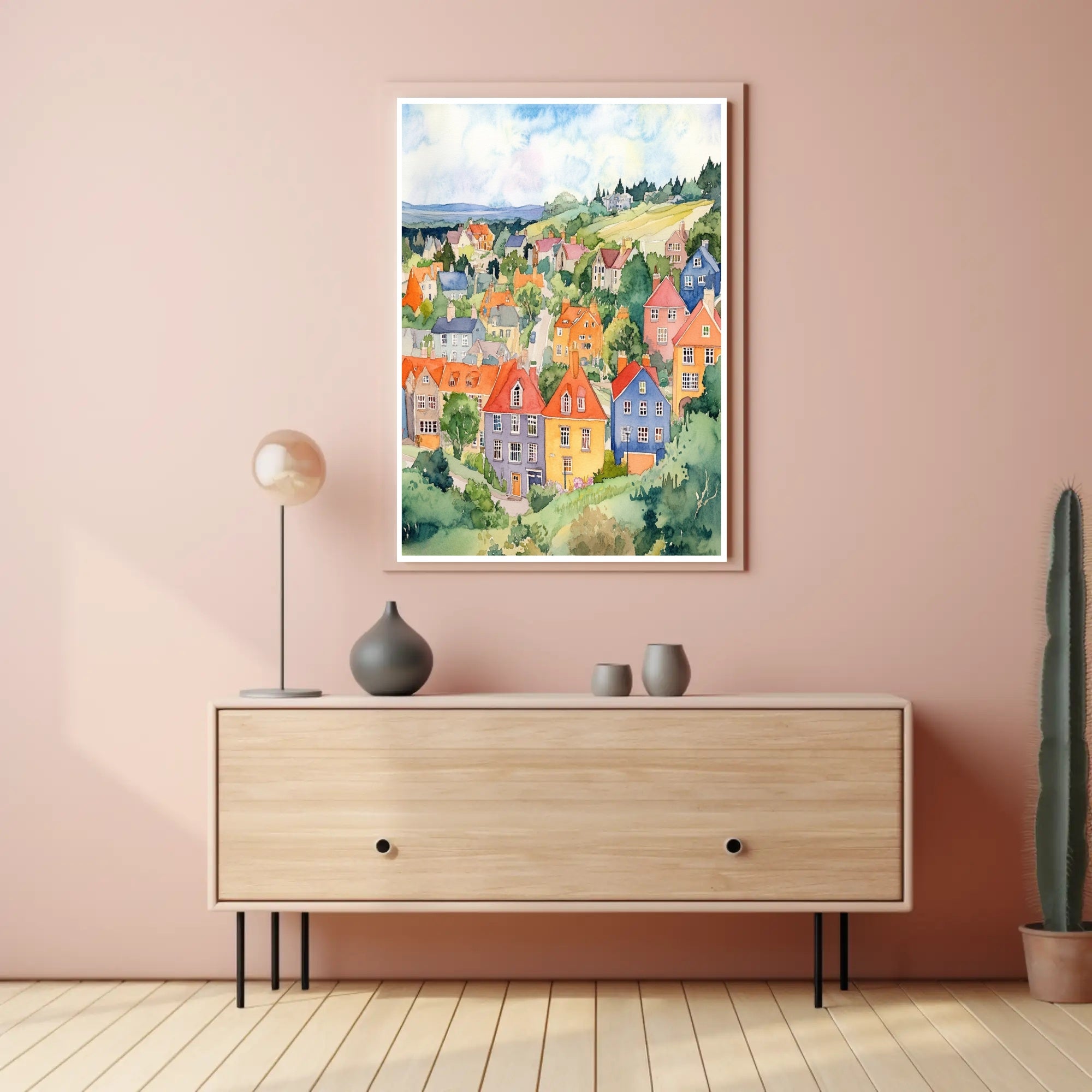 Colorful Hillside Village Poster PosterGoat