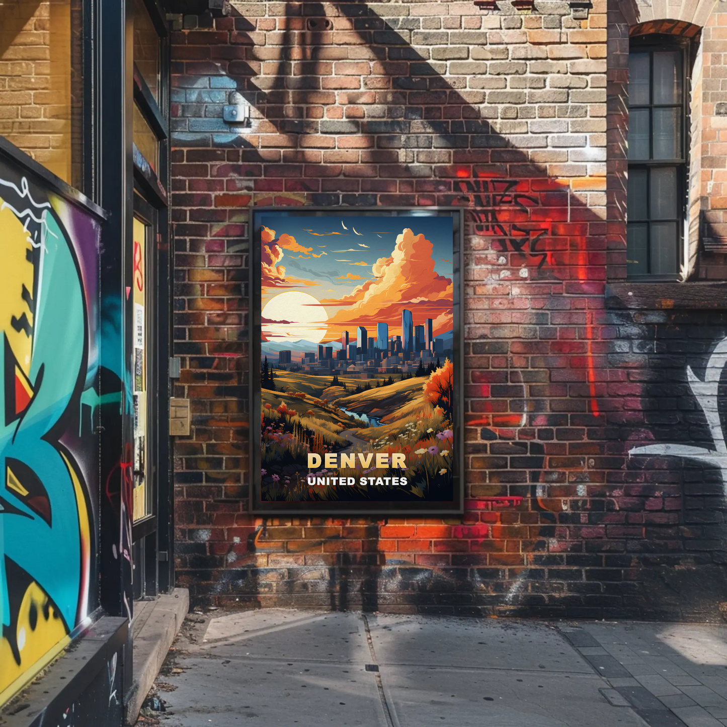 Denver Autumn Meadow Skyline Vintage Travel Poster