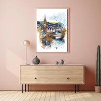 Enchanting Riverside Town Poster PosterGoat