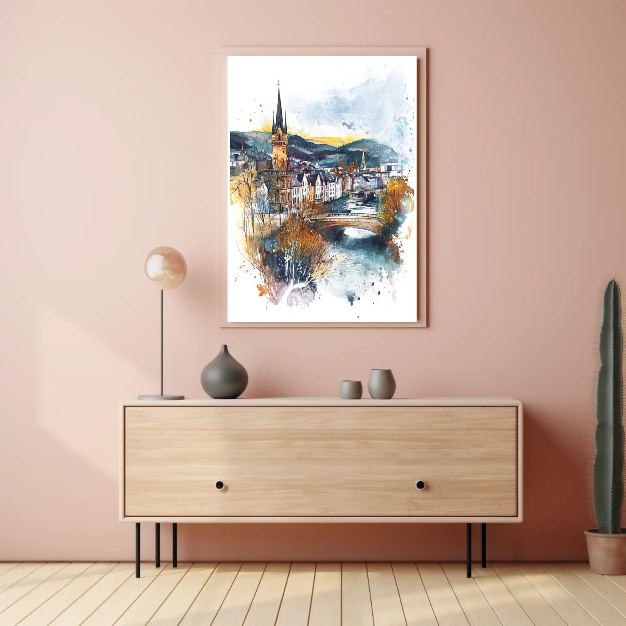 Enchanting Riverside Town Poster PosterGoat