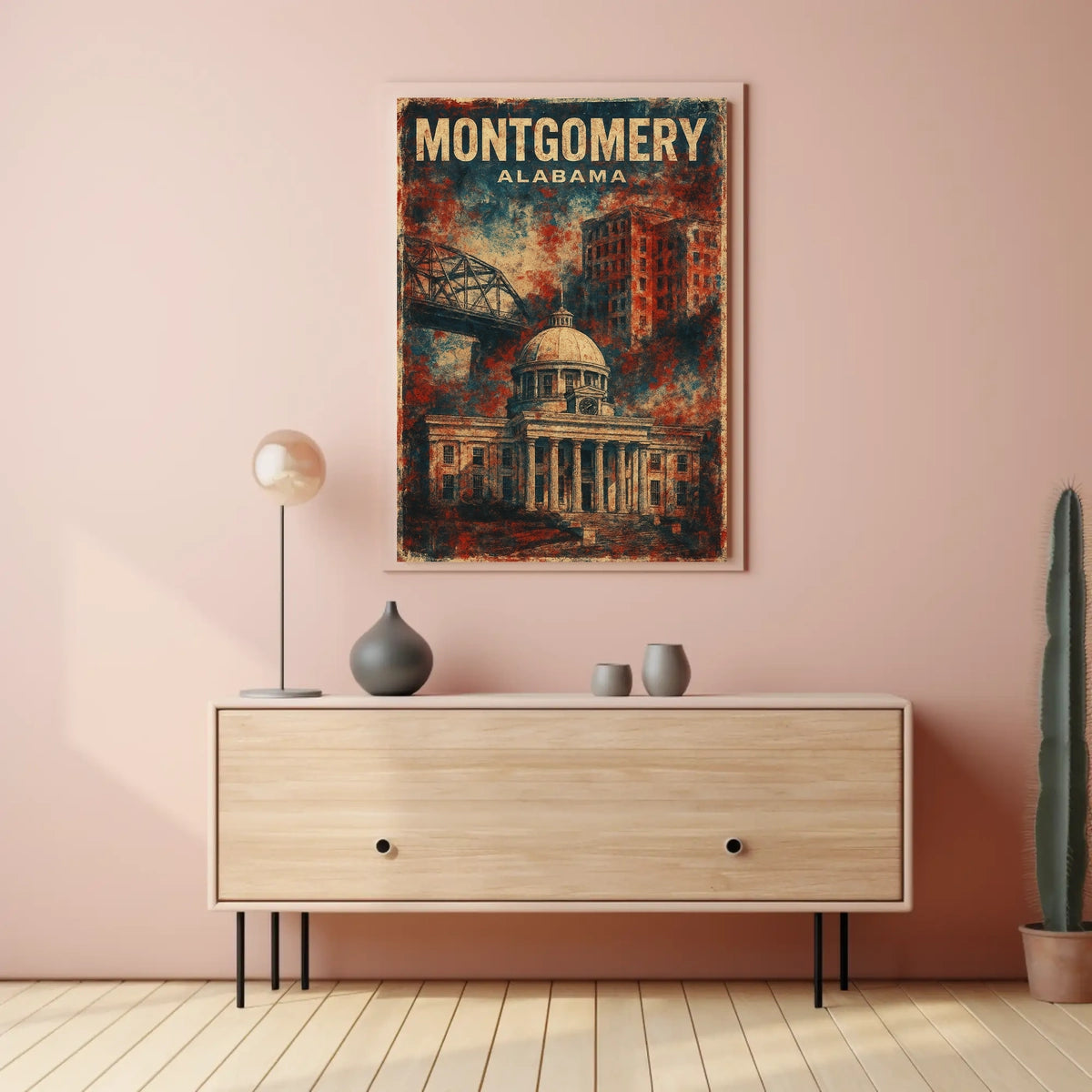 Montgomery Alabama Historic Cityscape Travel Illustration Vintage Architectural Heritage Nostalgic Warm Color Poster
