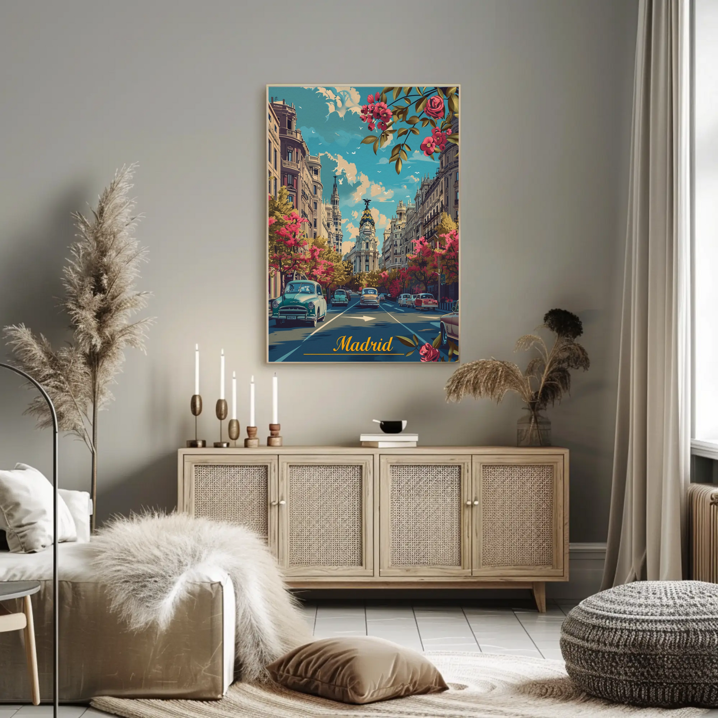 Madrid Spring Streetscape Flowers Cars Classic Travel Poster