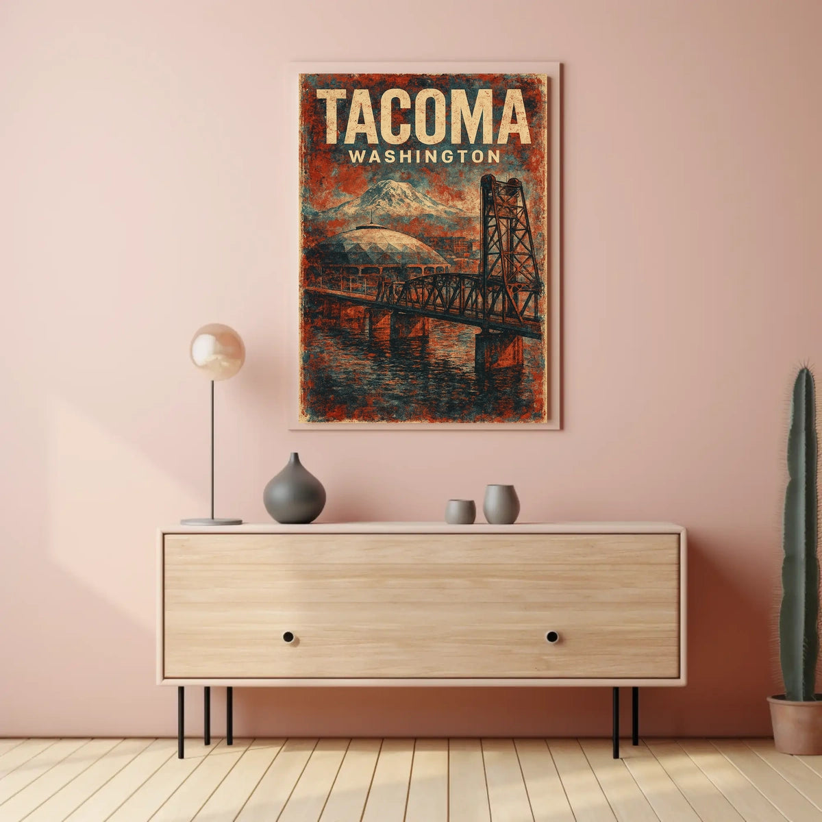 Vintage Tacoma Poster: Bridge, Dome, Mount Rainier