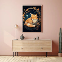 Moonlit Serenity Fox Autumn Leaves Digital Painting Poster