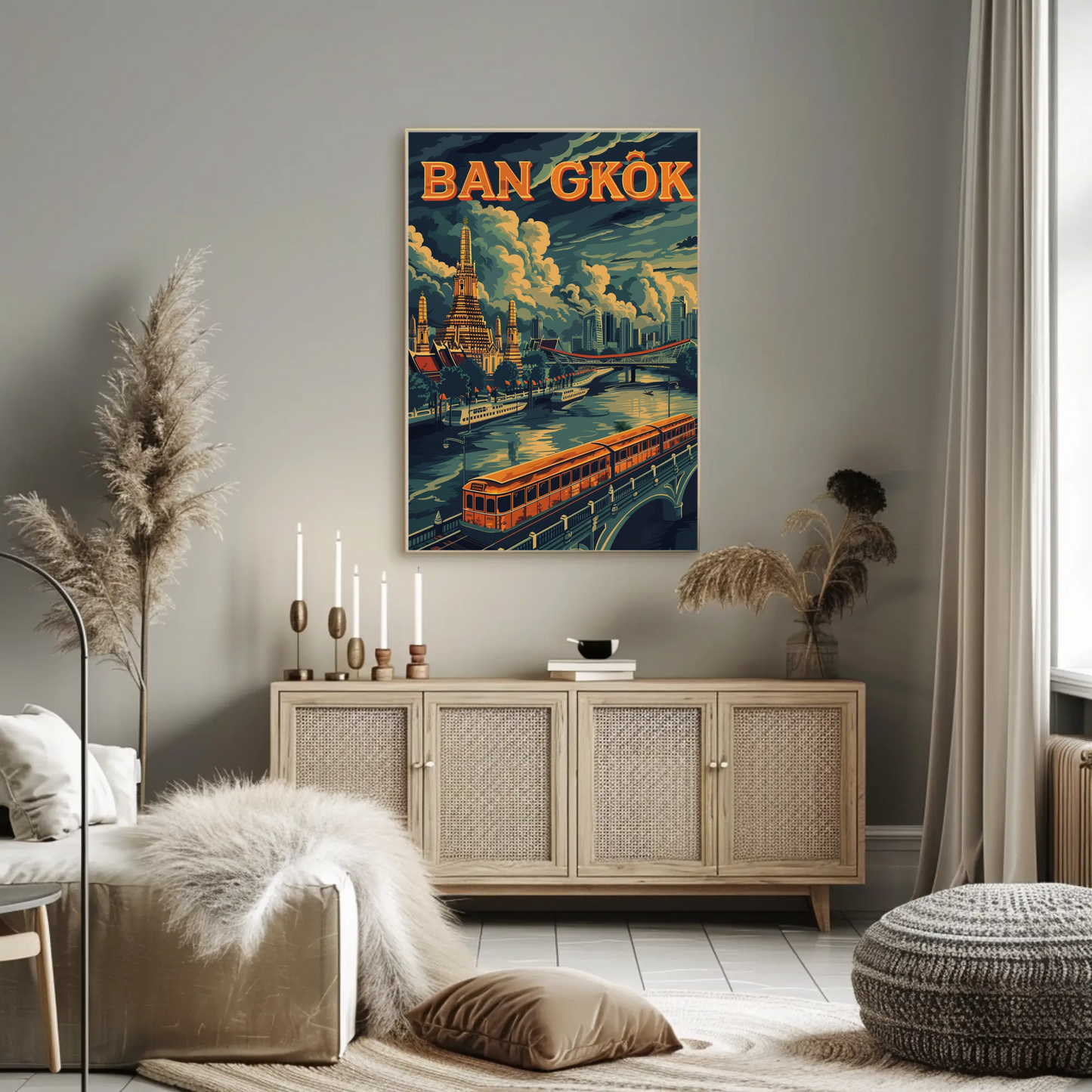 Bangkok Golden Temple River Train Skyline Scene Travel Poster