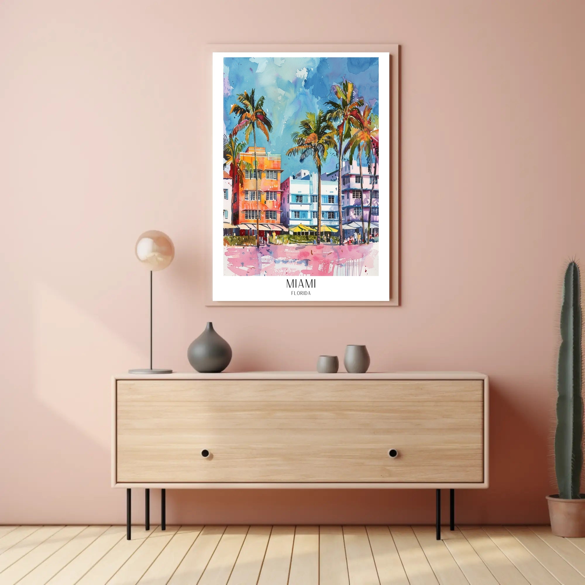 Miami Art Deco Street Scene Vibrant Travel Poster PosterGoat