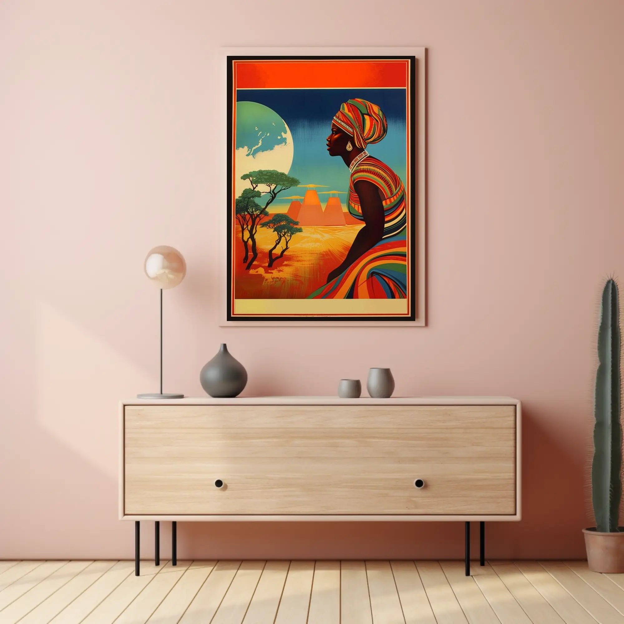 Radiant Earth: Woman in Traditional Attire with Moonlit Landscape Poster