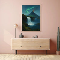 Icelandic Waterfall Under Aurora Borealis National Park Poster