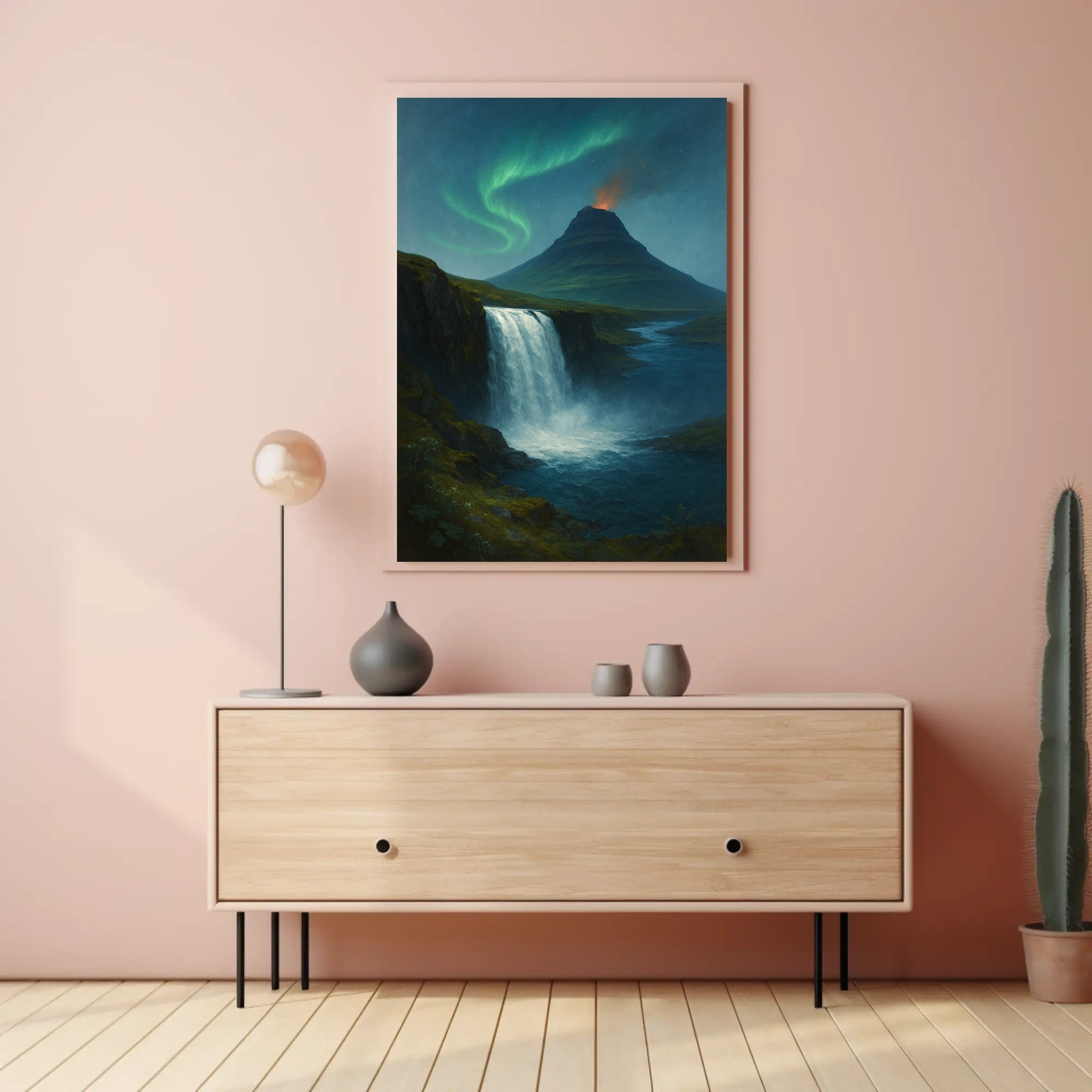 Icelandic Waterfall Under Aurora Borealis National Park Poster
