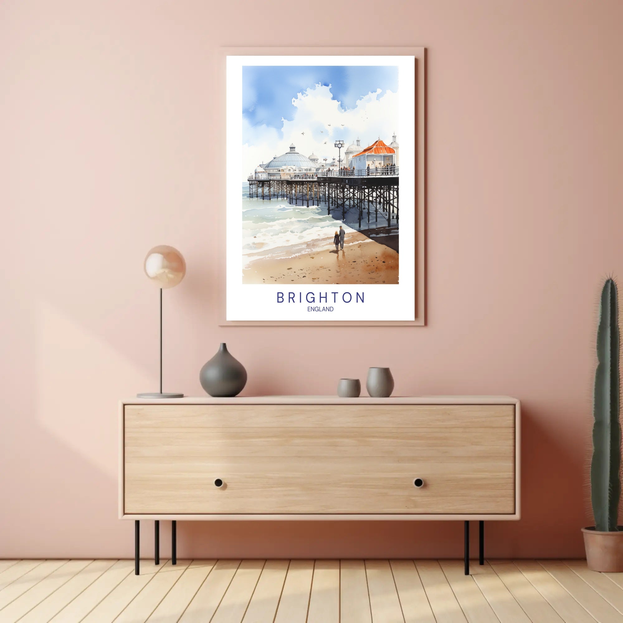 Brighton seaside watercolor travel poster - serene, nostalgic charm PosterGoat