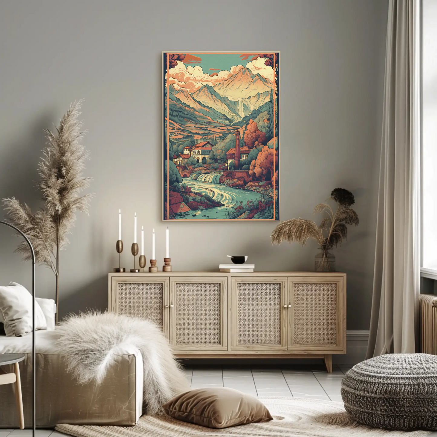 Alpine Village Waterfall And Peaks Travel Poster
