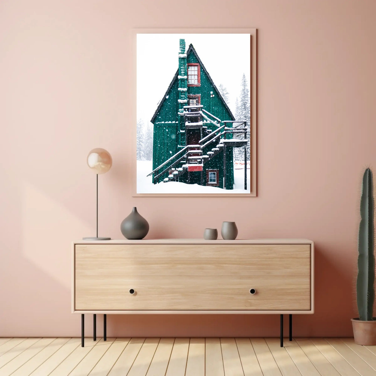 Charming Winter Cabin in Snowy Forest Scene