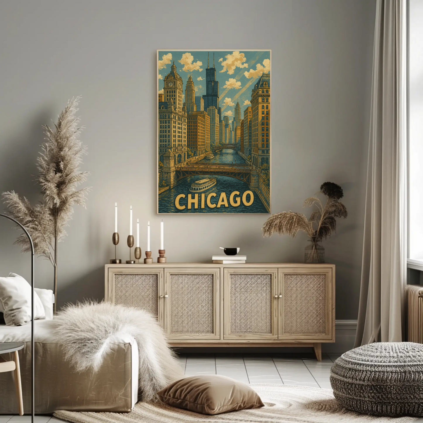 Chicago Willis Tower Bridge River Cityscape Travel Poster