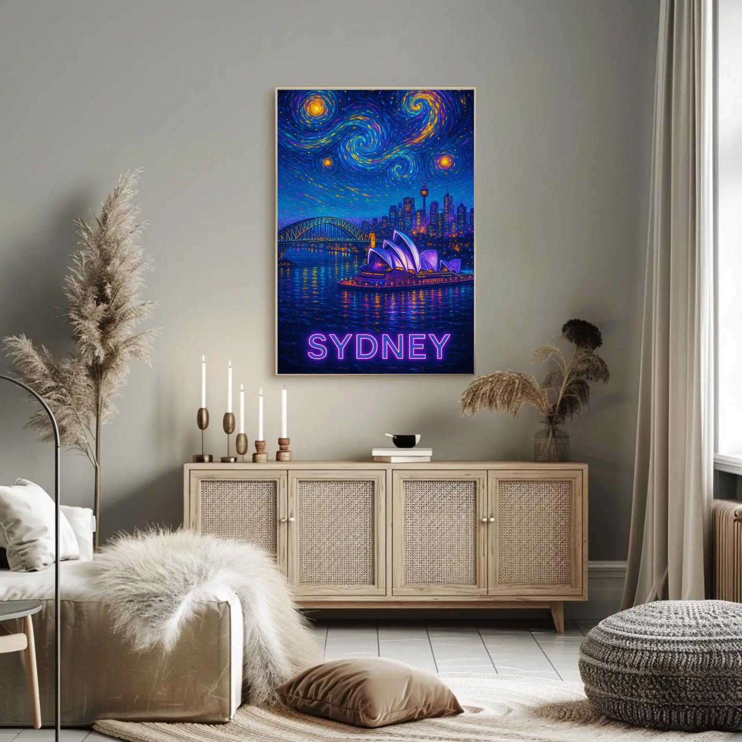 Sydney Harbor Opera House Neon Starry Night Travel Poster