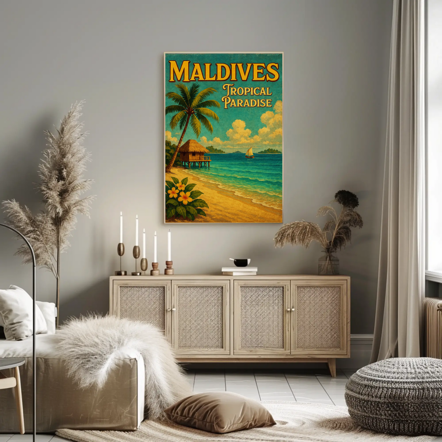 Maldives Tropical Hut With Sailboat Scene Travel Poster