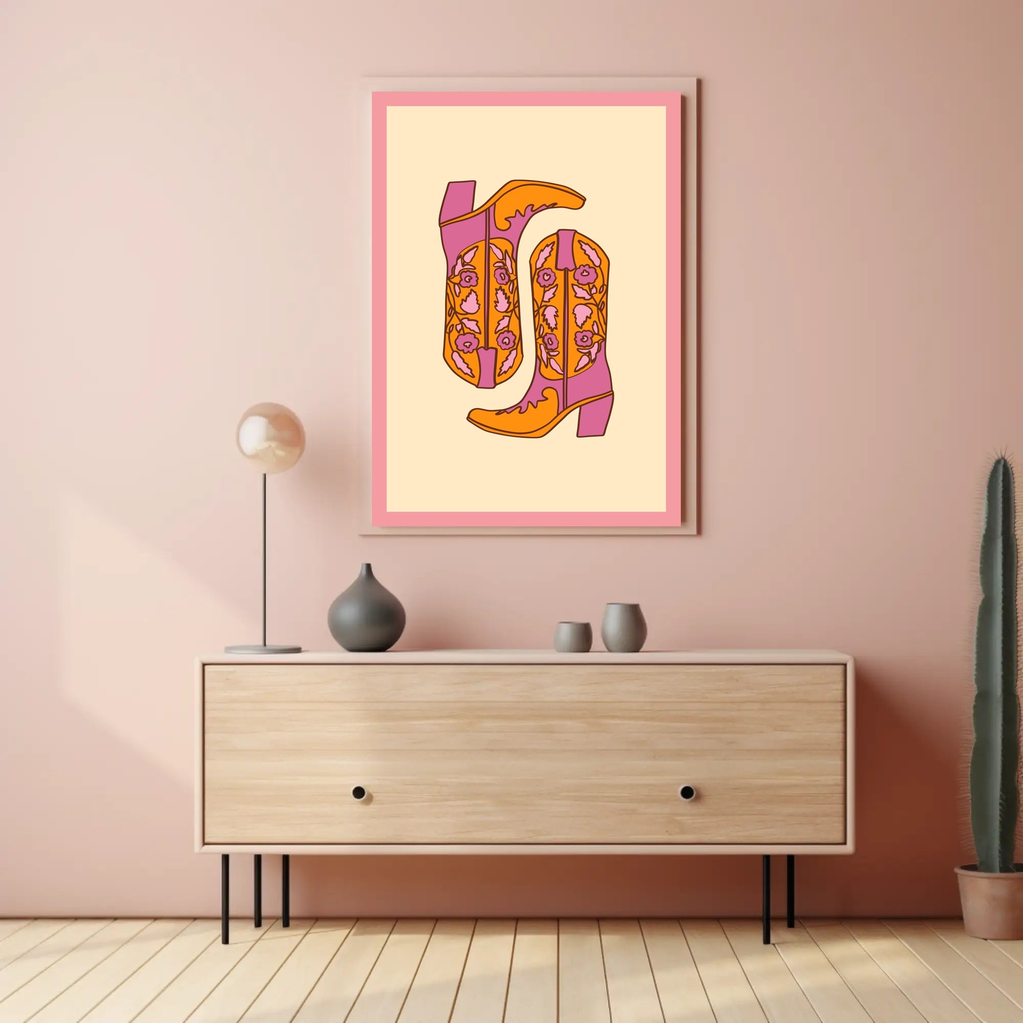 Stylized Cowboy Boots Retro Pop Culture Poster PosterGoat