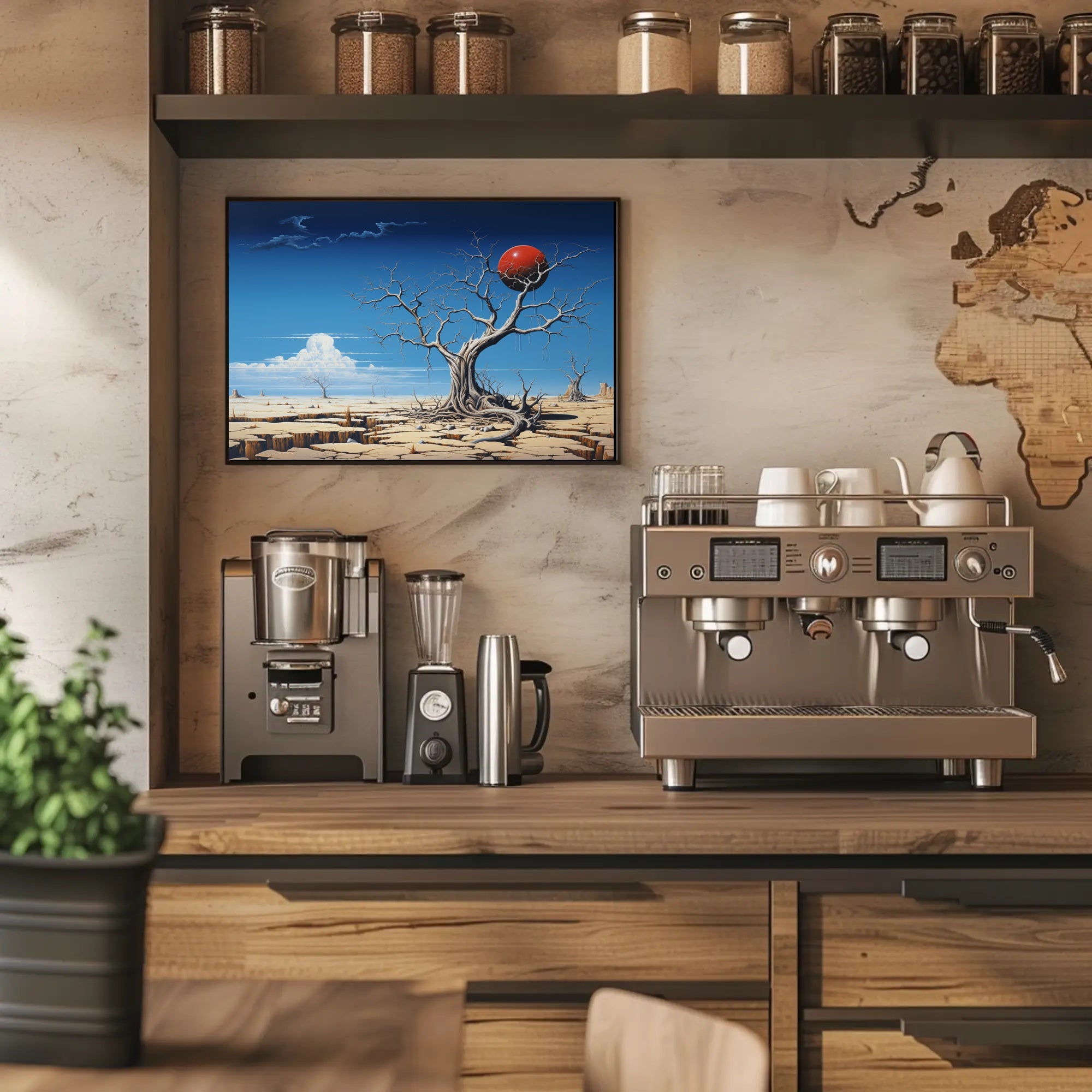 Surreal Desert Landscape with Red Sphere Artistic Poster