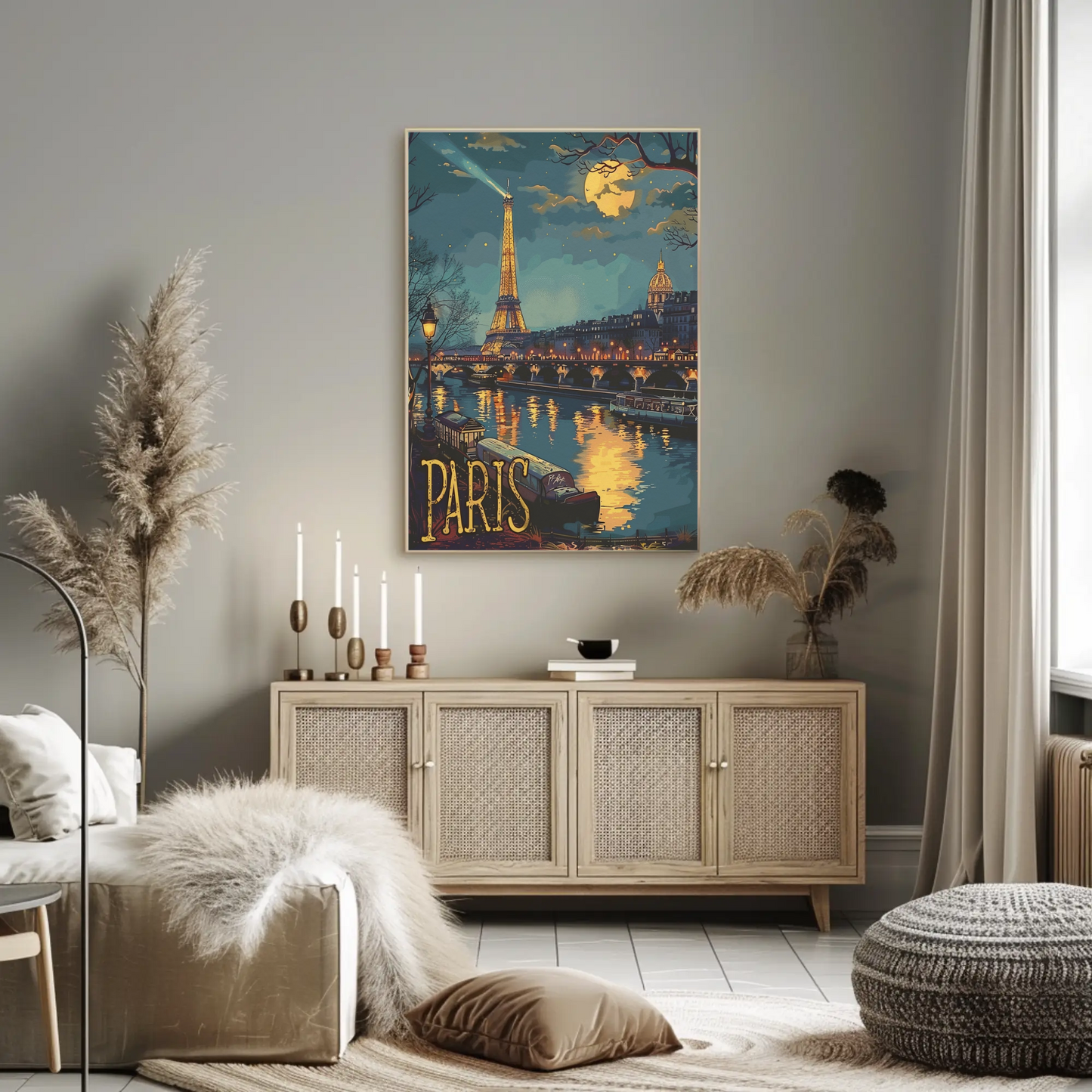 Paris Eiffel Tower Night Lights River Travel Poster