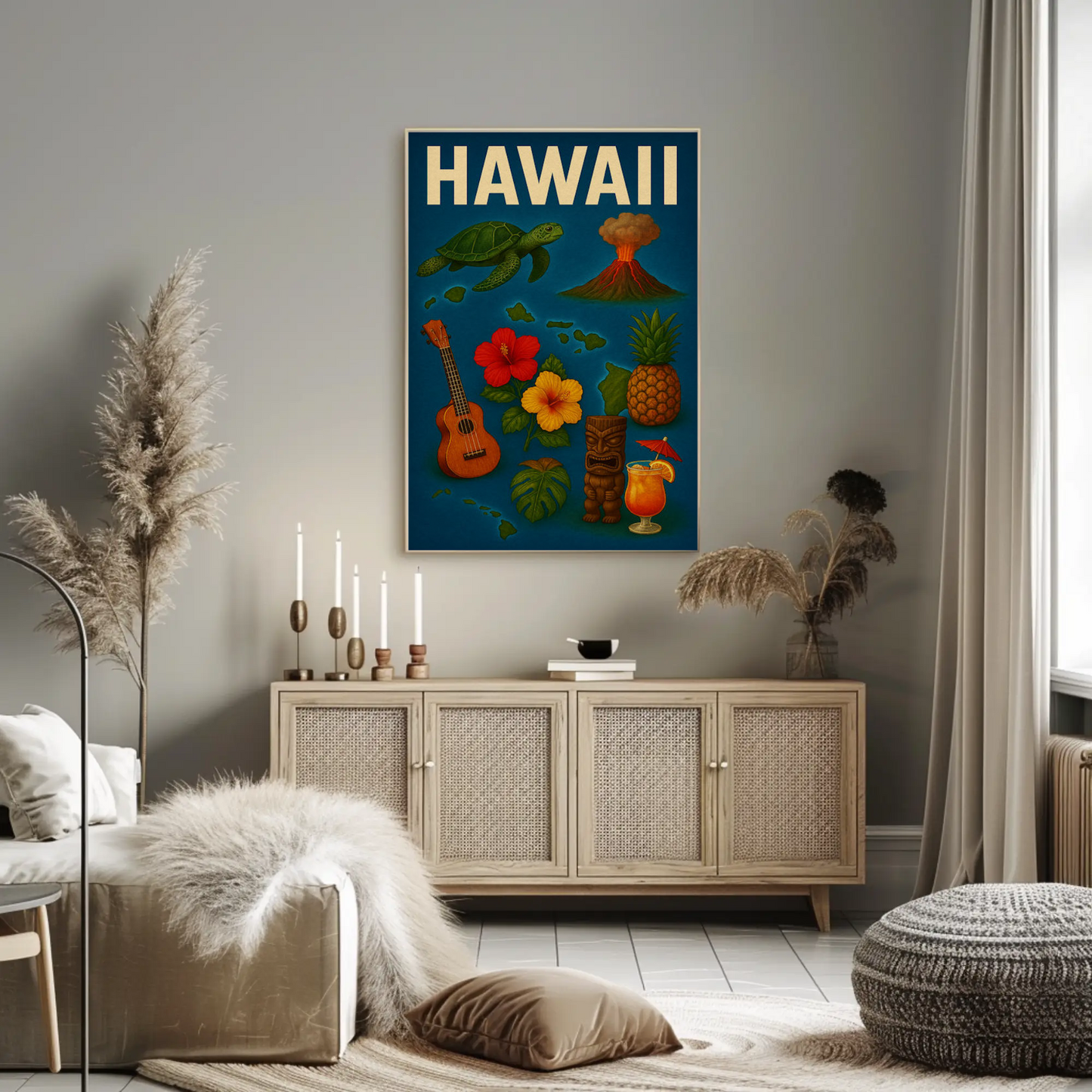Hawaii Island Symbols Vintage Travel Poster