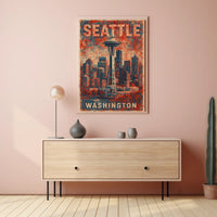 Seattle Space Needle Retro Urban Cityscape Travel Poster