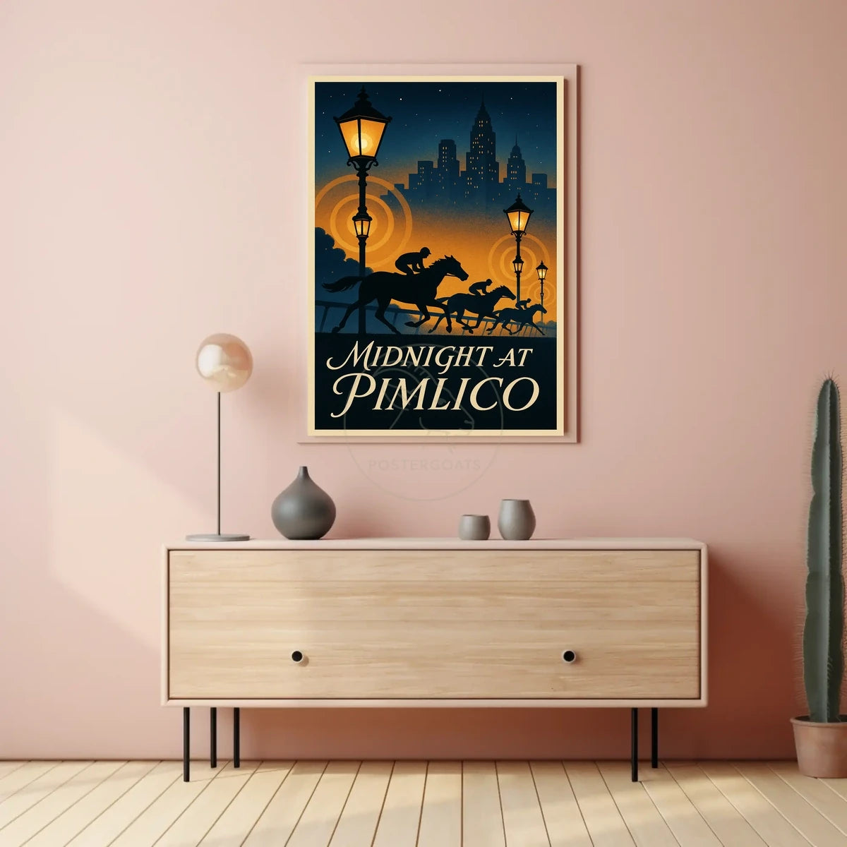 Midnight Horse Racing Action at Art Deco Skyline Sports Poster