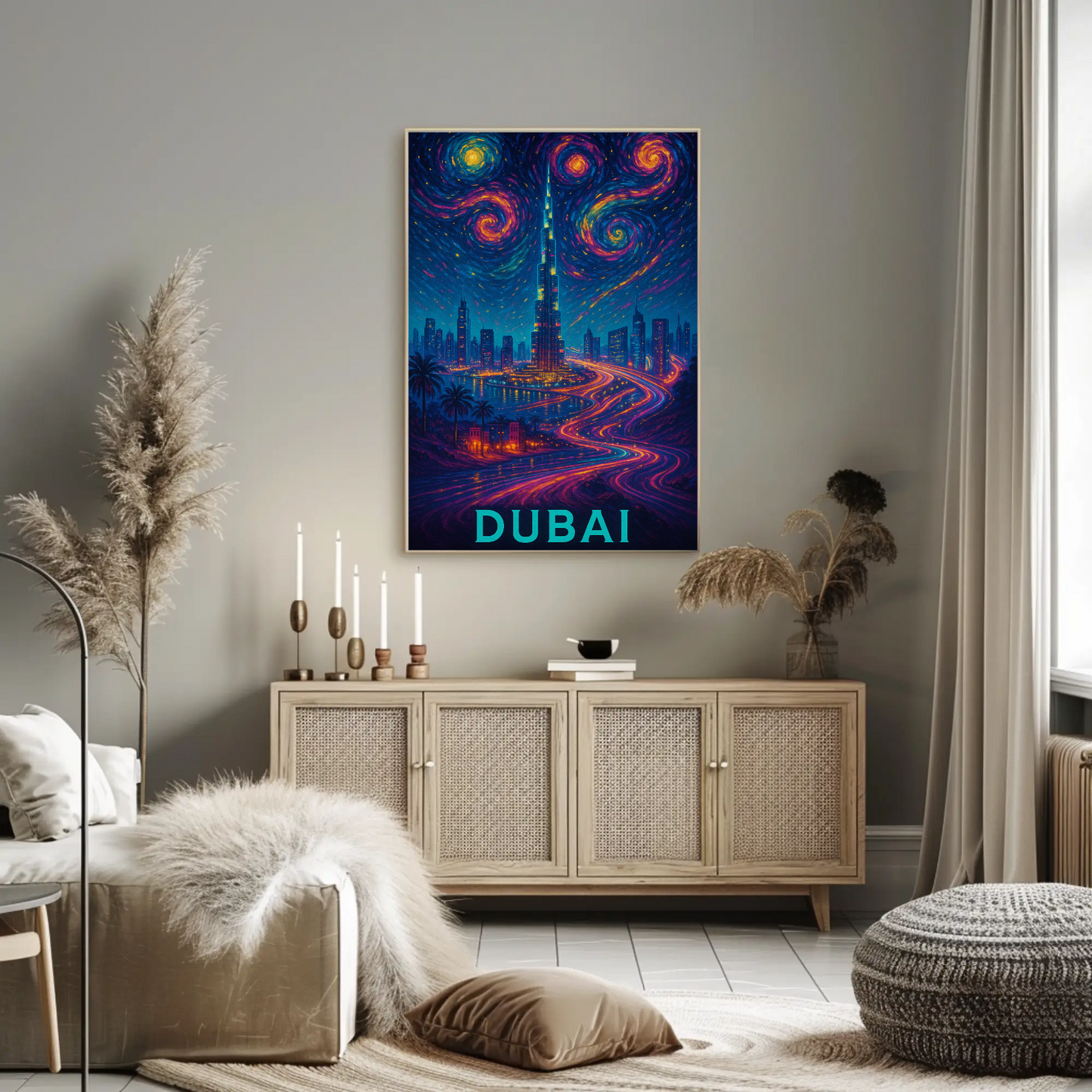 Dubai Burj Khalifa Starry Neon Skyline Night Travel Poster