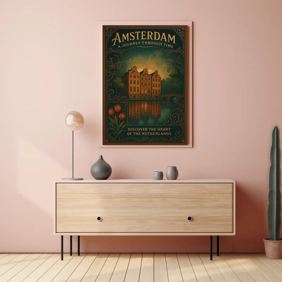 Amsterdam Historical Journey Tulips Windmill Canal Houses Poster