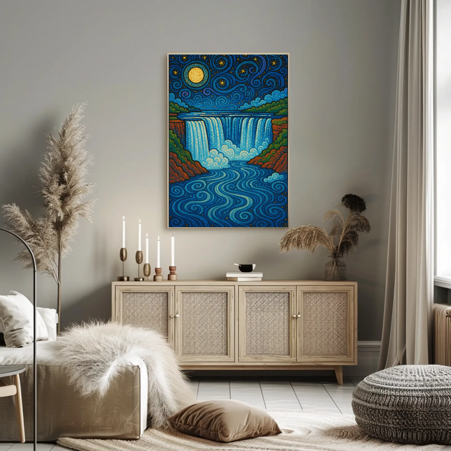 Starry Waterfall Night Moon Swirling Travel Poster