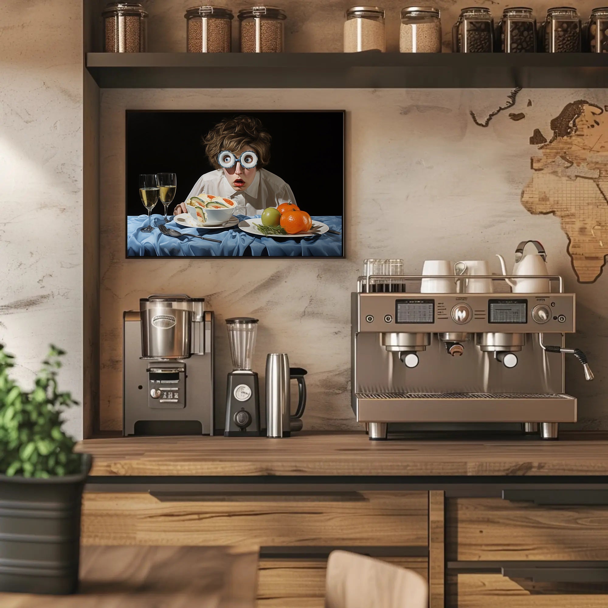 Surprised Dining Experience in Surreal Artistic Poster